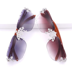 GL Hip-Hop Rimless Sunglasses VVS Moissanite Inlay Cross Bridge & Multicolor Lenses Wooden Arms
