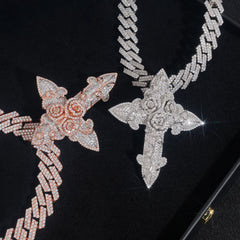 GL Iced Out Hip Hop Gothic Rose Cross Moissanite Diamond Pendant