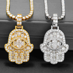 GL Iced Out Hand of Fatima Brass 5A+ Diamond Pendant