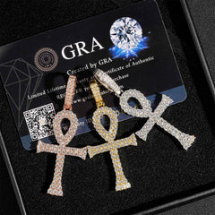 GL Ankh Cross Silver Duoble Rows Moissanite Pendant