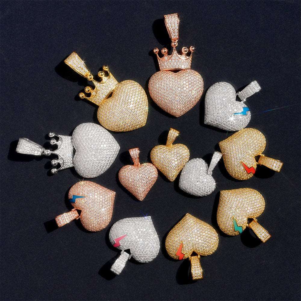 Four heart shaped brass zircon or 925 sterling silver moissanite pendants