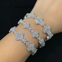 10MM 13MM Iced Out Clover VVS Moissanite Diamond Cuban Chain Bracelet