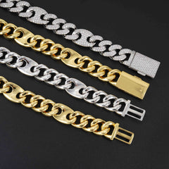 GL 15MM Miami Cuban Link Chain Iced Out G-link In 16K Glod Plated