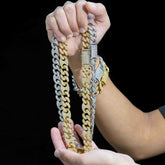 GL 15MM Miami Cuban Link Chain Iced Out G-link In 16K Glod Plated