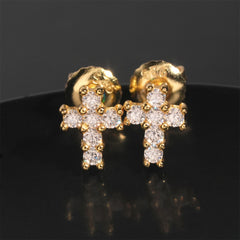 【US 3 Days Delivery】GL Iced Out Tiny Cross Earring Paved VVS Round Cut Moissanite 16K Gold Plated