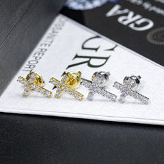 【US 3 Days Delivery】GL Iced Out Cross Earring Paved VVS Round Cut Moissanite 16K Gold Plated