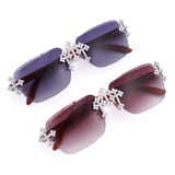 GL Hip-Hop Rimless Sunglasses VVS Moissanite Inlay Cross Bridge & Multicolor Lenses Wooden Arms