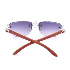 GL Hip-Hop Rimless Sunglasses VVS Moissanite Inlay Cross Bridge & Multicolor Lenses Wooden Arms