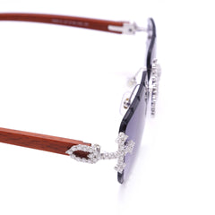 GL Hip-Hop Rimless Sunglasses VVS Moissanite Inlay Cross Bridge & Multicolor Lenses Wooden Arms