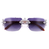 GL Hip-Hop Rimless Sunglasses VVS Moissanite Inlay Cross Bridge & Multicolor Lenses Wooden Arms