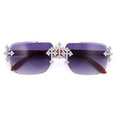 GL Hip-Hop Rimless Sunglasses VVS Moissanite Inlay Cross Bridge & Multicolor Lenses Wooden Arms