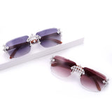 GL Hip-Hop Rimless Sunglasses VVS Moissanite Inlay Cross Bridge & Multicolor Lenses Wooden Arms