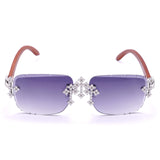 GL Hip-Hop Rimless Sunglasses VVS Moissanite Inlay Cross Bridge & Multicolor Lenses Wooden Arms