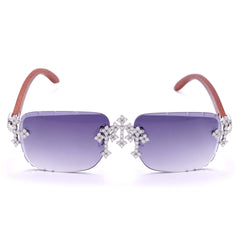 GL Hip-Hop Rimless Sunglasses VVS Moissanite Inlay Cross Bridge & Multicolor Lenses Wooden Arms