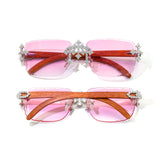 GL Hip-Hop Rimless Sunglasses VVS Moissanite Inlay Cross Bridge & Multicolor Lenses Wooden Arms