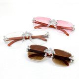 GL Hip-Hop Rimless Sunglasses VVS Moissanite Inlay Cross Bridge & Multicolor Lenses Wooden Arms