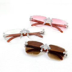 GL Hip-Hop Rimless Sunglasses VVS Moissanite Inlay Cross Bridge & Multicolor Lenses Wooden Arms