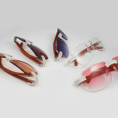 GL Hip-Hop Rimless Sunglasses VVS Moissanite Inlay Bridge & Multicolor Lenses Wooden Arms