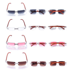 GL Hip-Hop Rimless Sunglasses VVS Moissanite Inlay Bridge & Multicolor Lenses Wooden Arms
