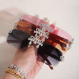 GL Hip-Hop Rimless Sunglasses VVS Moissanite  Ankh  Bridge & Multicolor Lenses Red Wooden Arms