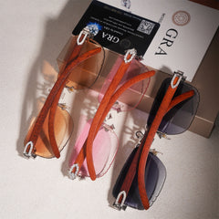 GL Hip-Hop Rimless Sunglasses VVS Moissanite Ankh Bridge & Multicolor Lenses Red Wooden Arms