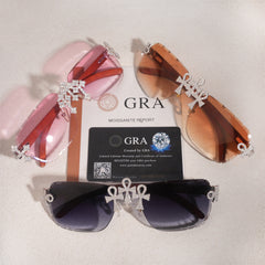 GL Hip-Hop Rimless Sunglasses VVS Moissanite Ankh Bridge & Multicolor Lenses Red Wooden Arms