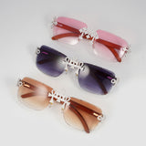 GL Hip-Hop Rimless Sunglasses VVS Moissanite  Ankh  Bridge & Multicolor Lenses Red Wooden Arms