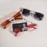 GL Hip-Hop Rimless Sunglasses VVS Moissanite  Ankh  Bridge & Multicolor Lenses Red Wooden Arms