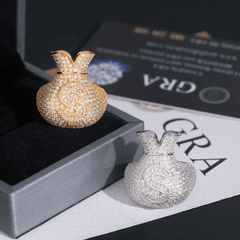 GL 925 Silver inlaid Moissanite Money Bag Hiphop Ring