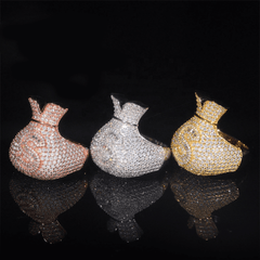 GL 925 Silver inlaid Moissanite Money Bag Hiphop Ring