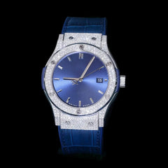 Blue Dial Moissanite Watch – Premium Leather Strap Urban Luxury Style