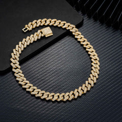 GL 14mm 18K Solid Gold Plated Iced Out Diamond Cuban Chain Necklace