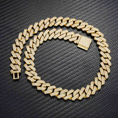 GL 14mm 18K Solid Gold Plated Iced Out Diamond Cuban Chain Necklace