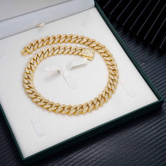 GL 14mm 18K Solid Gold Plated Iced Out Diamond Cuban Chain Necklace
