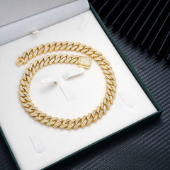 GL 14mm 18K Solid Gold Plated Iced Out Diamond Cuban Chain Necklace