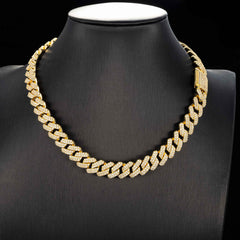 GL 14mm 18K Solid Gold Plated Iced Out Diamond Cuban Chain Necklace