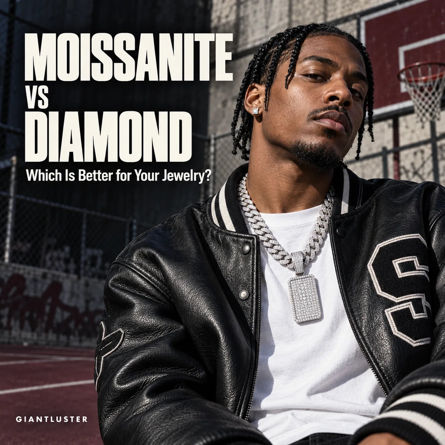 Moissanite vs diamond hip-hop jewelry guide with a streetwear model wearing an iced-out Cuban chain and pendant