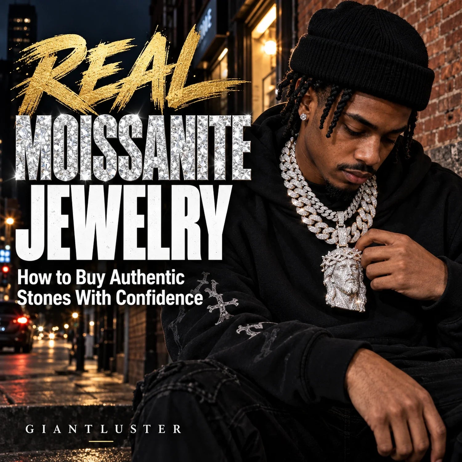 Streetwear model wearing iced-out Cuban chains with the title Real Moissanite Jewelry: How to Buy Authentic Stones With Confidence