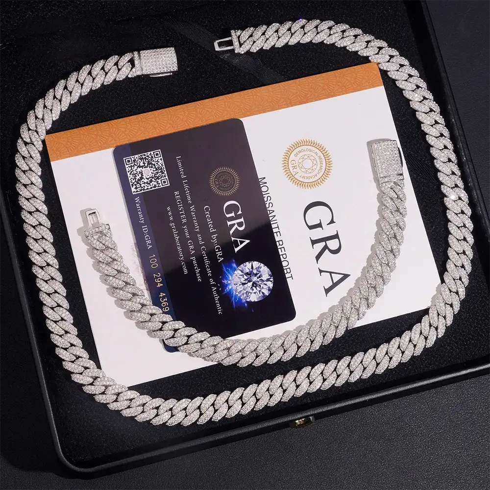 10MM S925 Silver 2 Rows VVS Moissanite Real Miami Cuban Chain