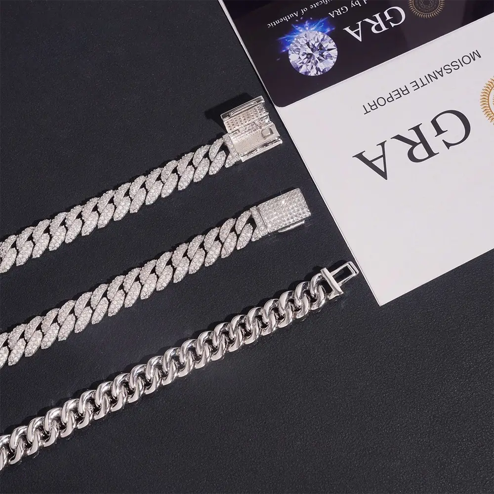 10MM S925 Silver 2 Rows VVS Moissanite Real Miami Cuban Chain