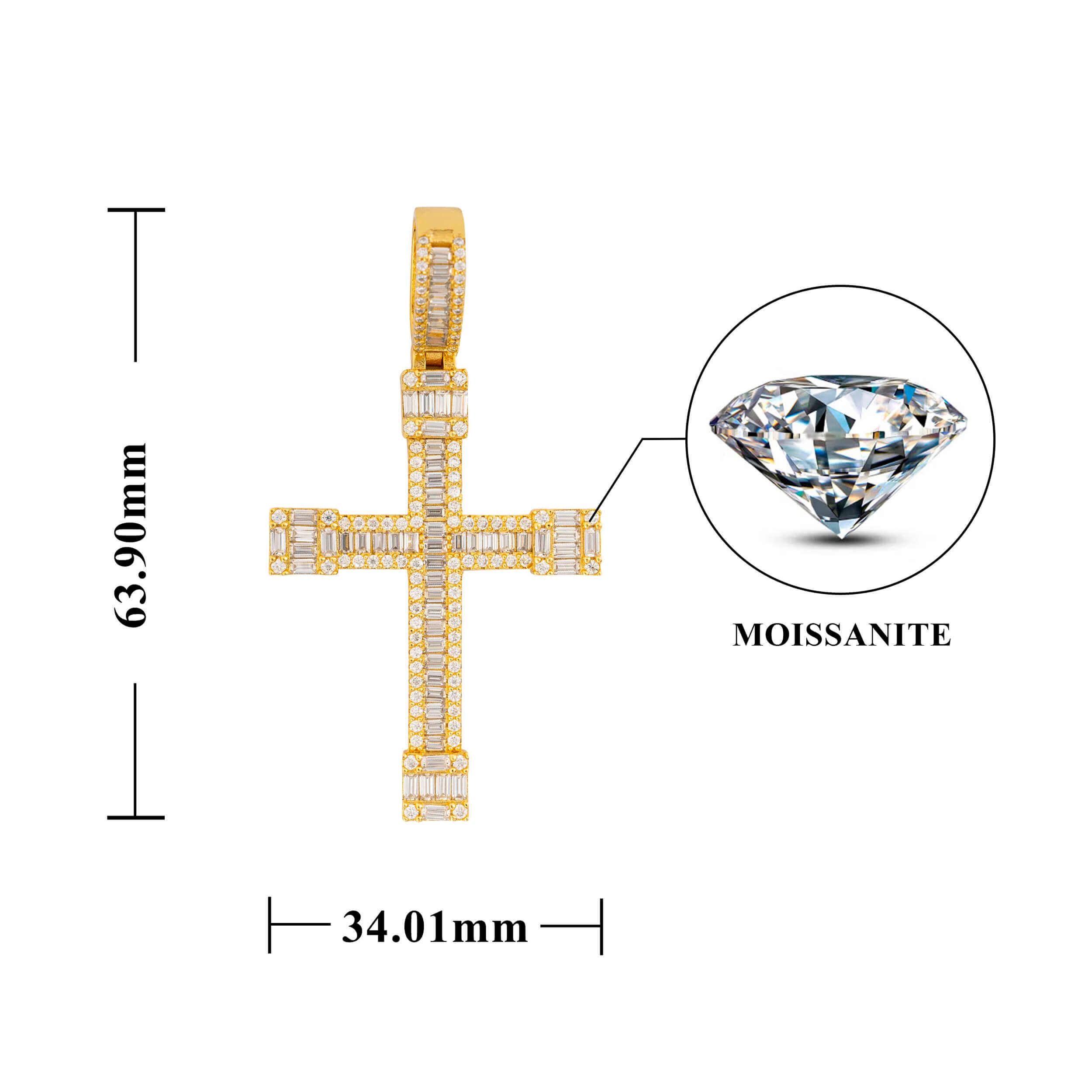 GL VVS Baguette Diamond Hip Hop Iced Out Christian Jesus Cross Pendant
