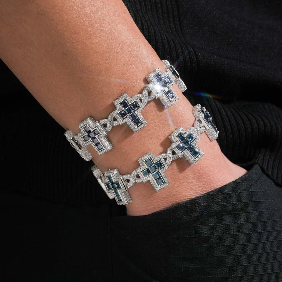 Hip Hop Infinity Cross Charm Colorful S925 Silver VVS Moissanite Cuban Chain Bracelet