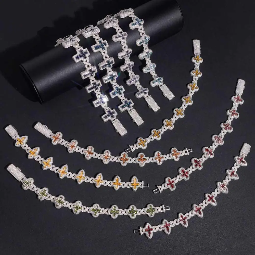 Hip Hop Infinity Cross Charm Colorful S925 Silver VVS Moissanite Cuban Chain Bracelet