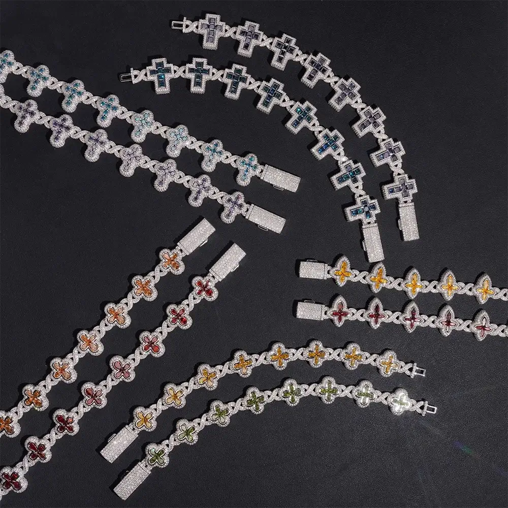 Hip Hop Infinity Cross Charm Colorful S925 Silver VVS Moissanite Cuban Chain Bracelet