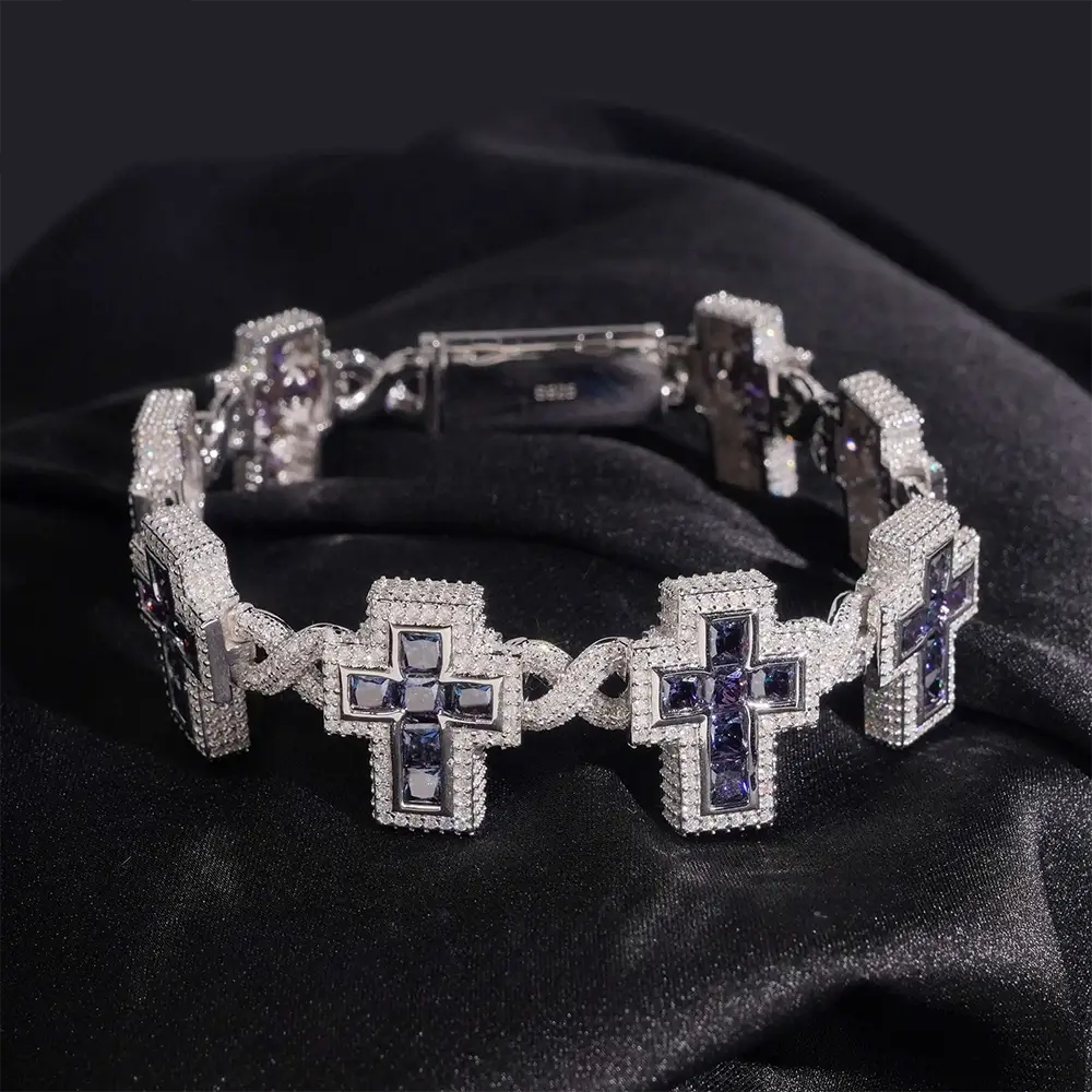 Hip Hop Infinity Cross Charm Colorful S925 Silver VVS Moissanite Cuban Chain Bracelet