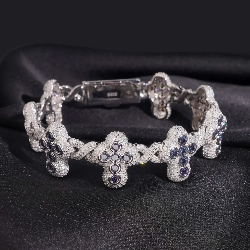 Hip Hop Infinity Cross Charm Colorful S925 Silver VVS Moissanite Cuban Chain Bracelet