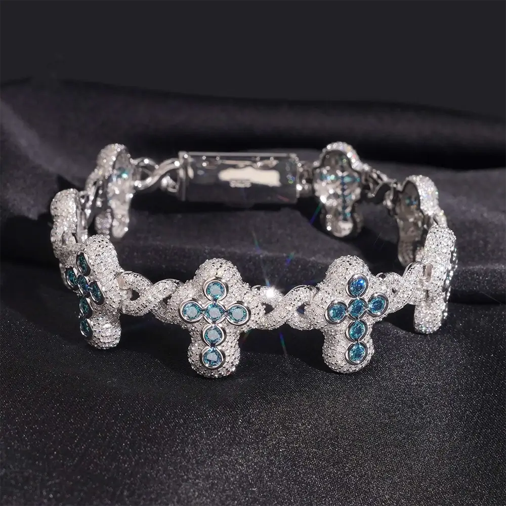 Hip Hop Infinity Cross Charm Colorful S925 Silver VVS Moissanite Cuban Chain Bracelet