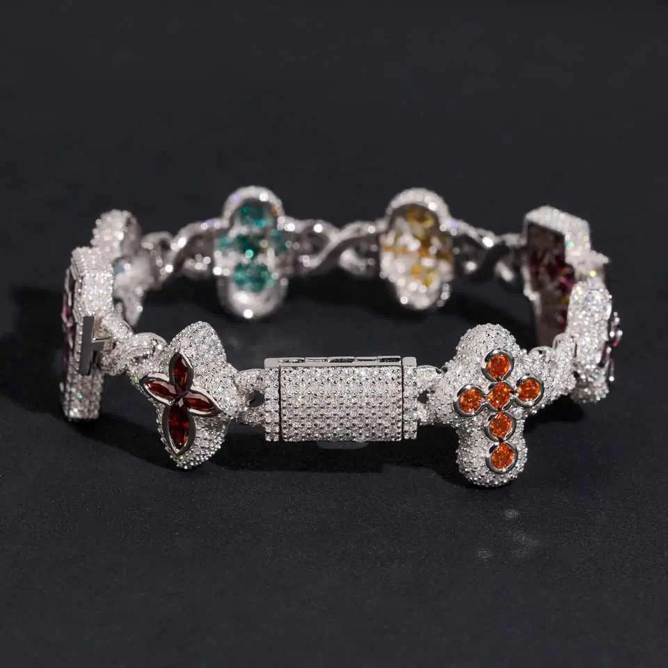 Cross & Flower Colors VVS Moissnaite Cuban Link Bracelet