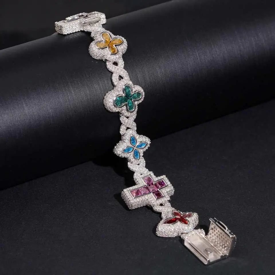 Cross & Flower Colors VVS Moissnaite Cuban Link Bracelet