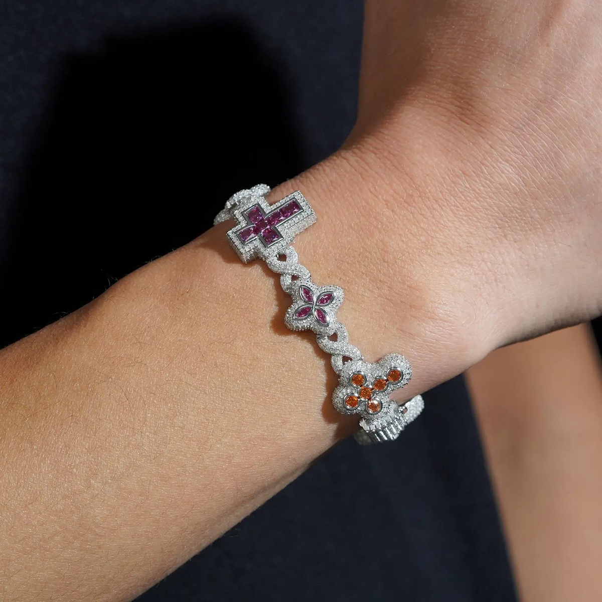 Cross & Flower Colors VVS Moissnaite Cuban Link Bracelet Main image